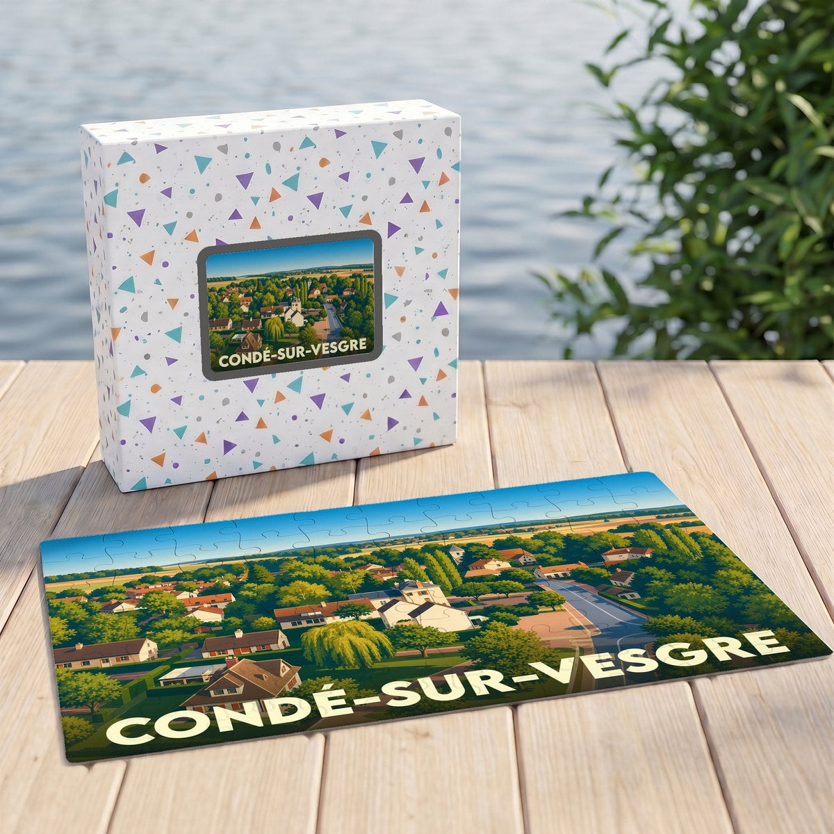 Puzzle souvenir de la ville de Condé-sur-Vesgre avec une illustration paysagère stylisée.