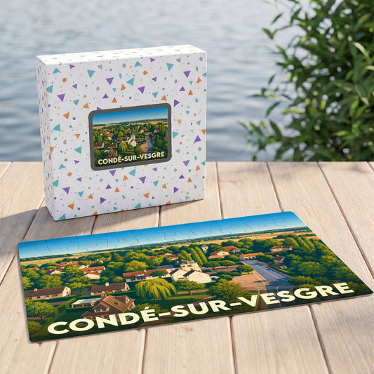 Puzzle souvenir de la ville de Condé-sur-Vesgre avec une illustration paysagère stylisée.