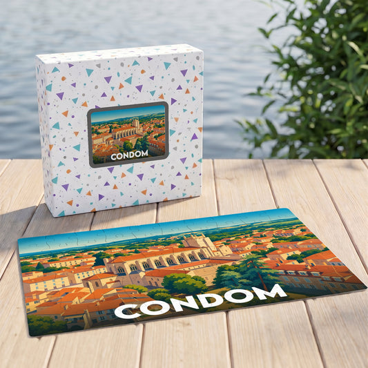 Puzzle souvenir de la ville de Condom avec une illustration stylisée et colorée de son paysage urbain.