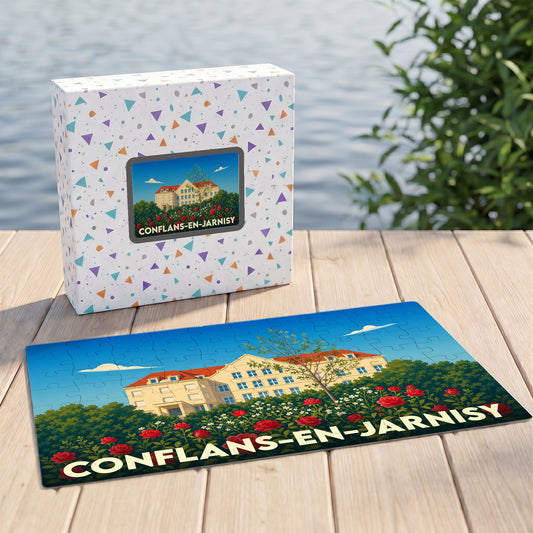 Puzzle souvenir de la ville de Conflans-en-Jarnisy avec son illustration assortie sur la boîte.