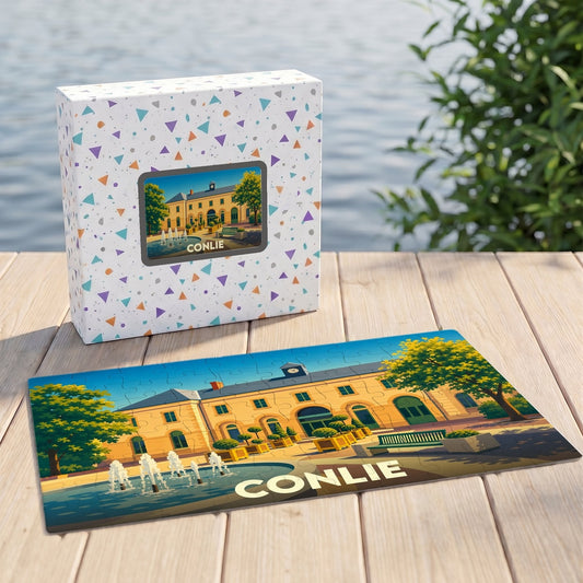 Puzzle souvenir de la ville de Conlie illustrant son patrimoine architectural avec un style graphique coloré.
