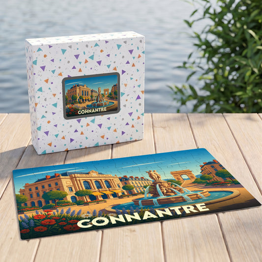 Puzzle souvenir de la ville de Connantre avec une illustration colorée et stylisée de ses monuments.
