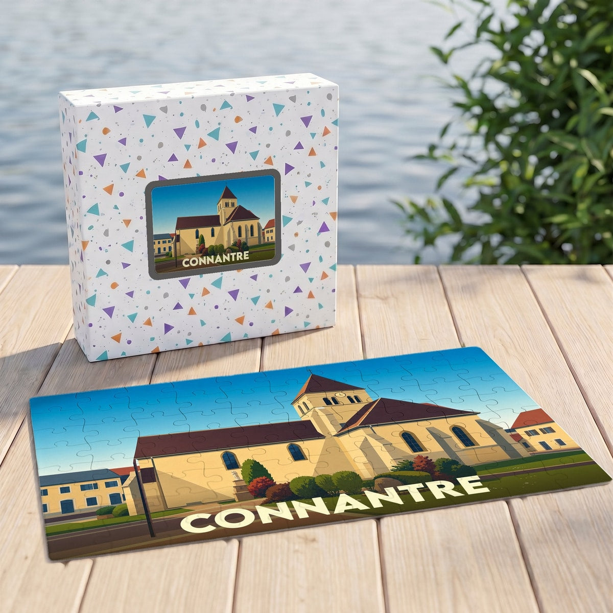 Puzzle souvenir de la ville de Connantre avec une illustration stylisée de son église.