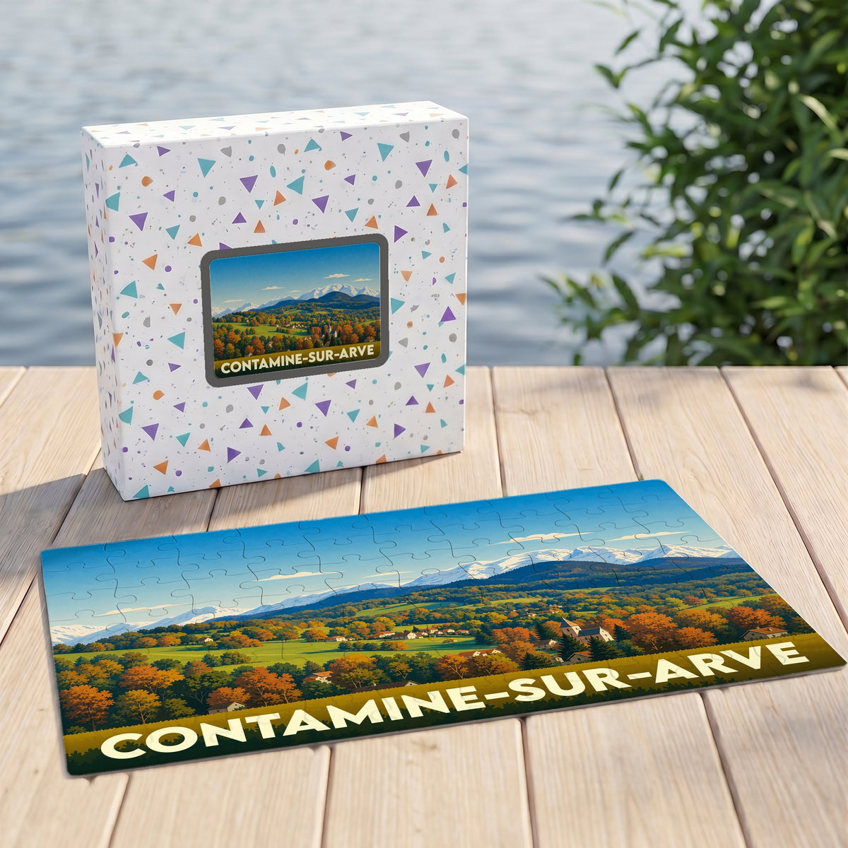 Puzzle souvenir de la ville de Contamine-sur-Arve avec une illustration paysagère de montagnes et de forêts.