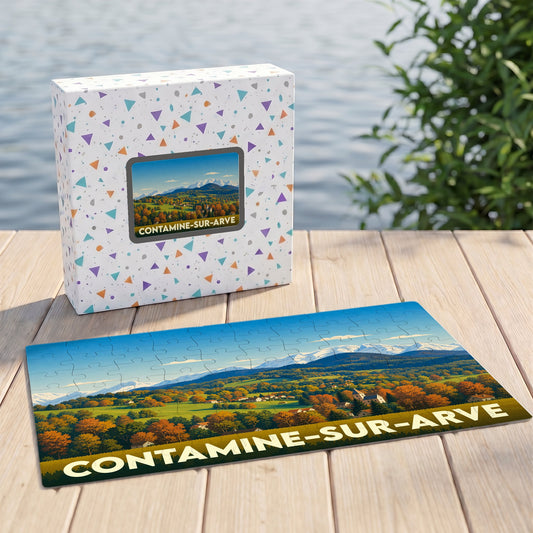 Puzzle souvenir de la ville de Contamine-sur-Arve avec une illustration paysagère de montagnes et de forêts.