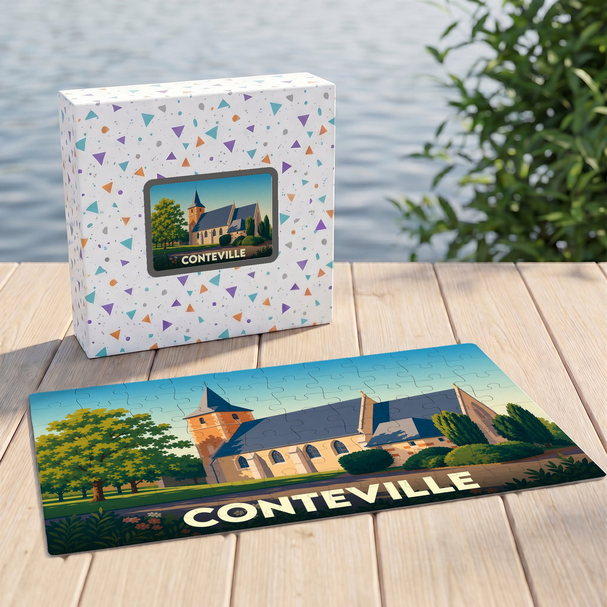 Puzzle souvenir de la ville de Conteville avec une illustration stylisée de son église.