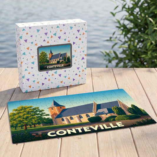 Puzzle souvenir de la ville de Conteville avec une illustration stylisée de son église.