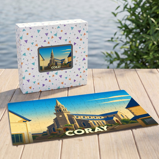 Puzzle souvenir de la ville de Coray illustrant son église dans un style graphique épuré.