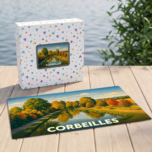 Puzzle souvenir de la ville de Corbeilles avec une illustration de paysage automnal au bord de l'eau.