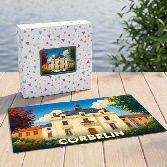 Puzzle souvenir de la ville de Corbelin illustré d'un bâtiment historique dans un style graphique épuré.