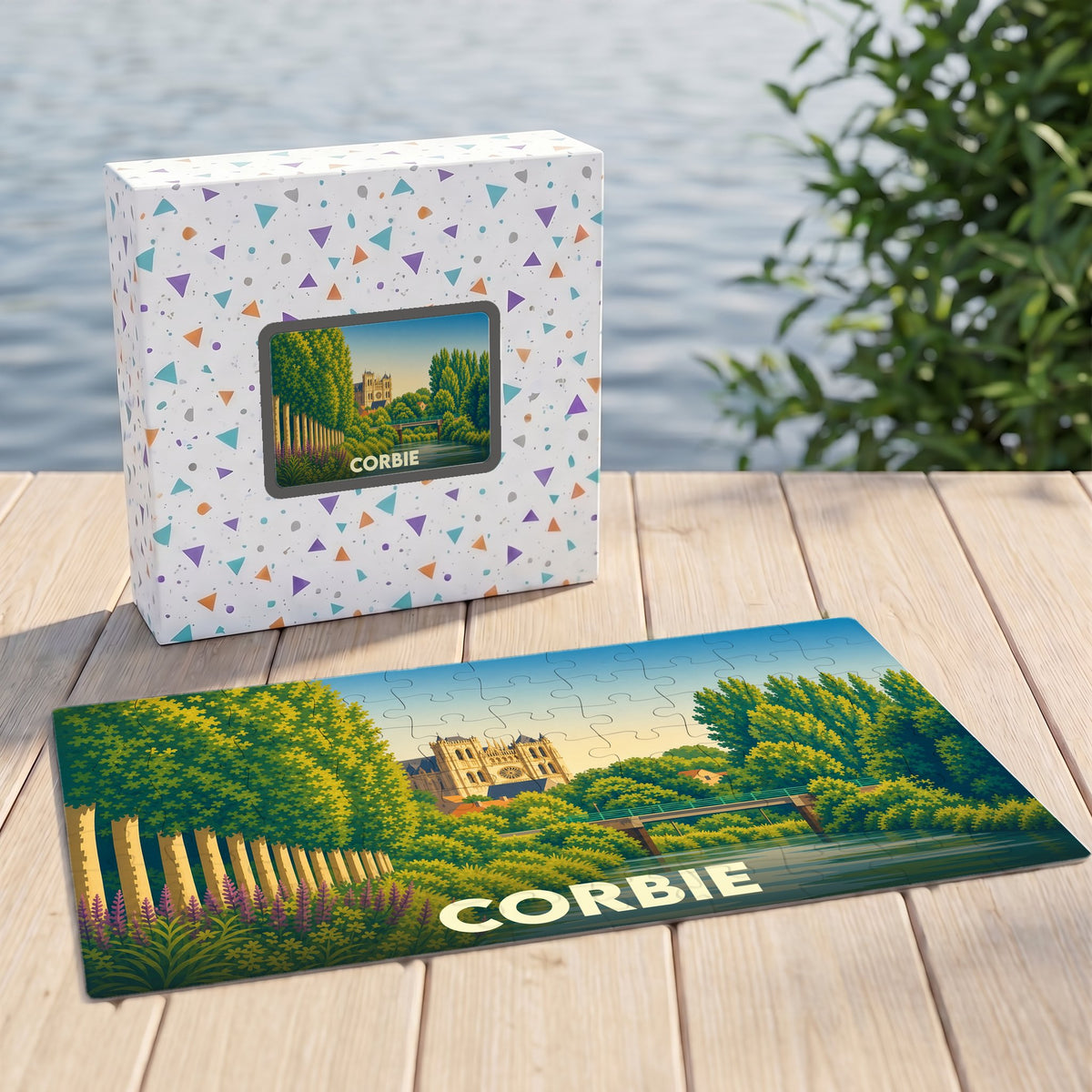 Puzzle souvenir de la ville de Corbie avec une illustration stylisée de son abbaye et du bord de l'eau.