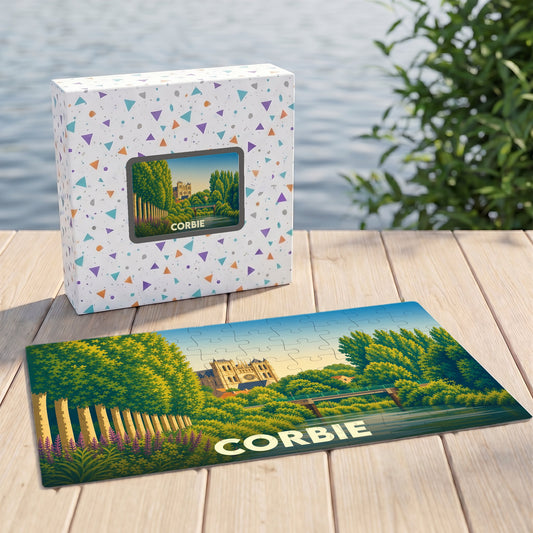 Puzzle souvenir de la ville de Corbie avec une illustration stylisée de son abbaye et du bord de l'eau.