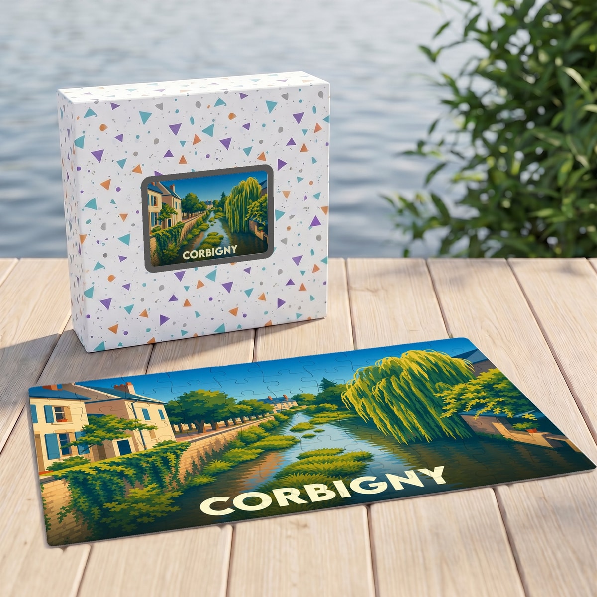 Puzzle souvenir de la ville de Corbigny avec une illustration stylisée d'un canal bordé de maisons et de saules pleureurs.