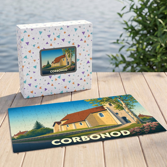Puzzle souvenir de la ville de Corbonod avec une illustration stylisée d'une église.
