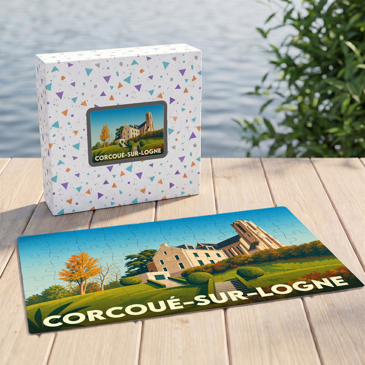 Puzzle souvenir de la ville de Corcoué-sur-Logne avec une illustration stylisée de son paysage et de son architecture.