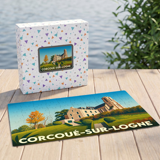 Puzzle souvenir de la ville de Corcoué-sur-Logne avec une illustration stylisée de son paysage et de son architecture.