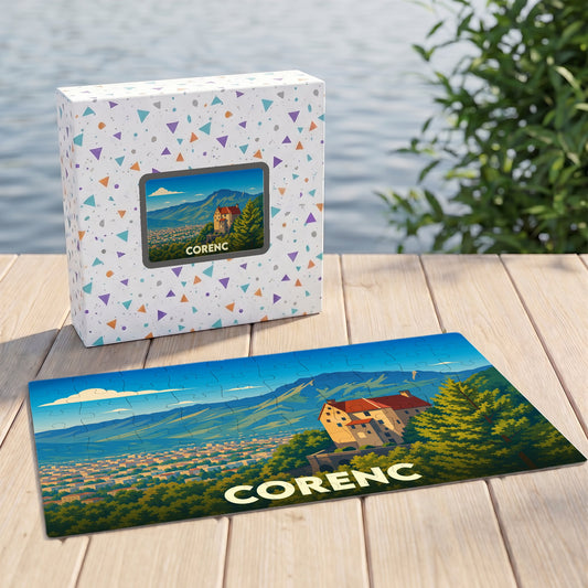 Puzzle souvenir de la ville de Corenc représentant une illustration stylisée d'un paysage de montagne.