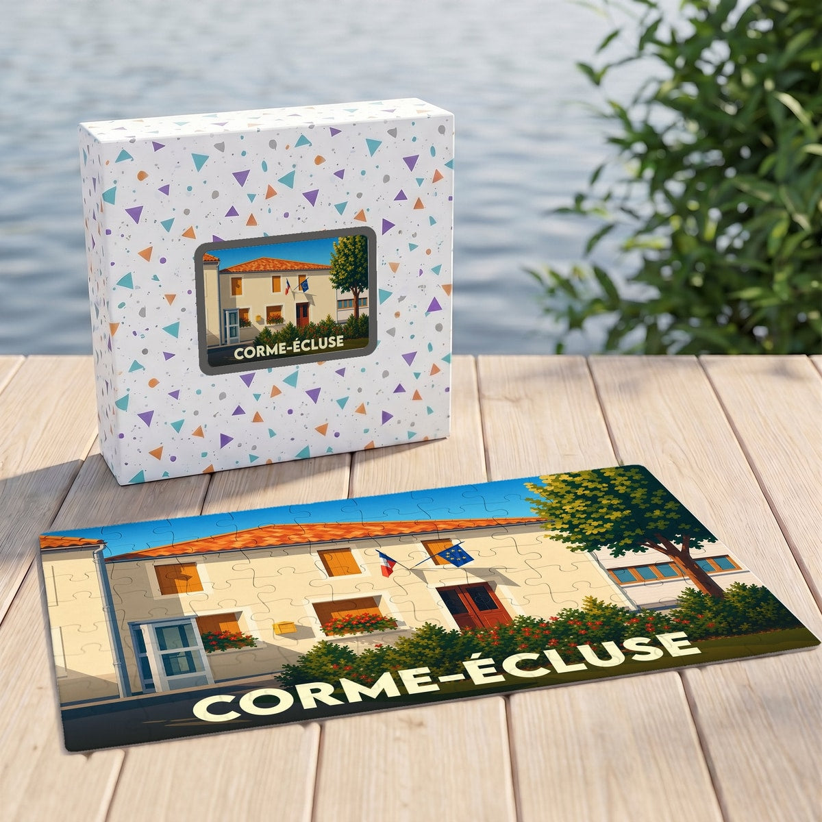 Puzzle souvenir de la ville de Corme-Écluse avec une illustration stylisée d'un bâtiment municipal.