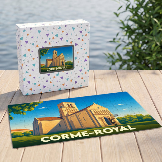 Puzzle souvenir de la ville de Corme-Royal avec une illustration stylisée de son église romane.