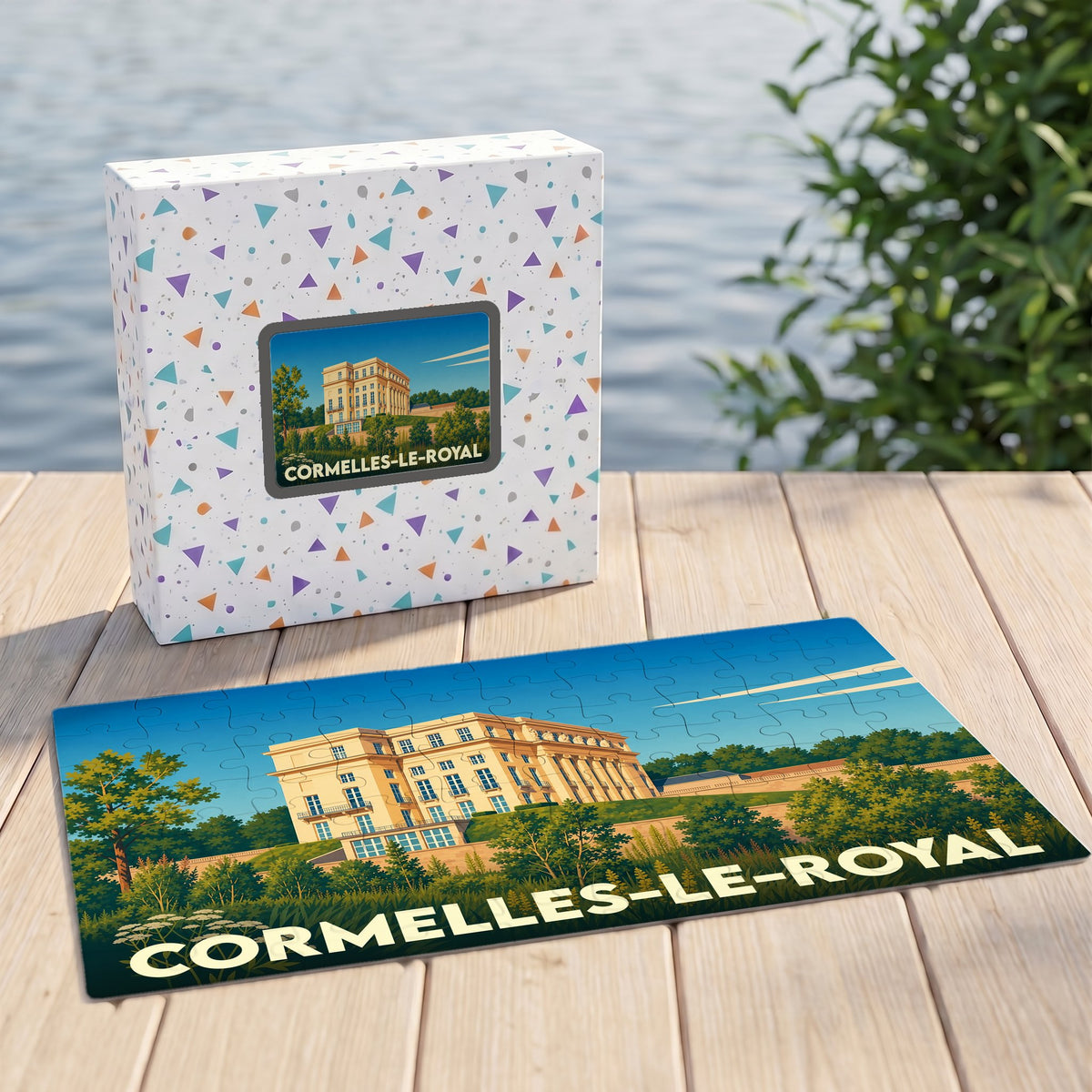 Puzzle souvenir de la ville de Cormelles-le-Royal avec une illustration stylisée d'un bâtiment historique.