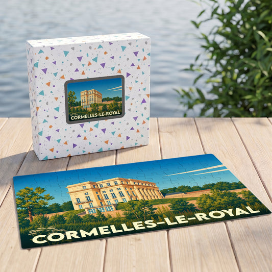 Puzzle souvenir de la ville de Cormelles-le-Royal avec une illustration stylisée d'un bâtiment historique.