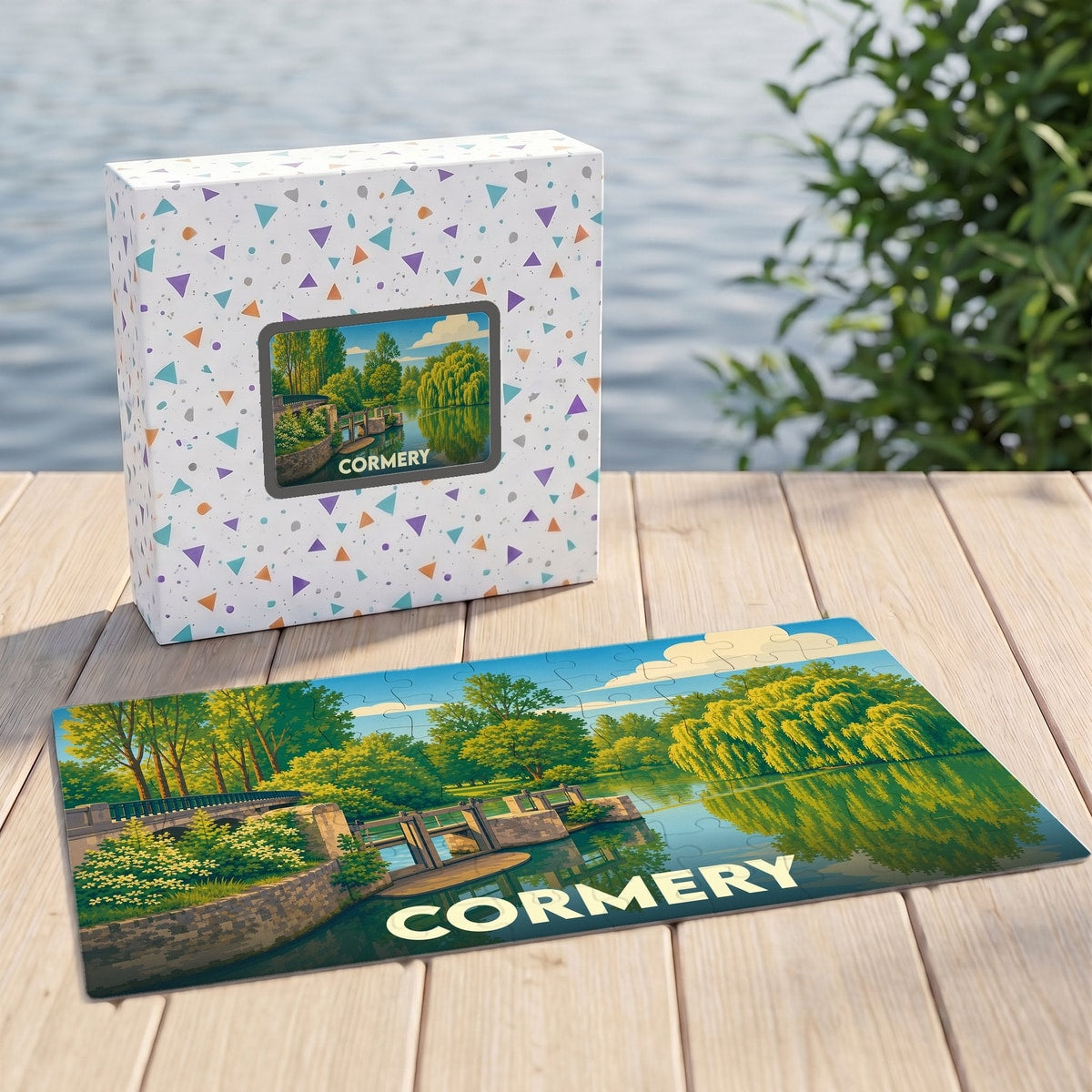 Puzzle souvenir de la ville de Cormery avec une illustration stylisée d'un paysage de bord de rivière.