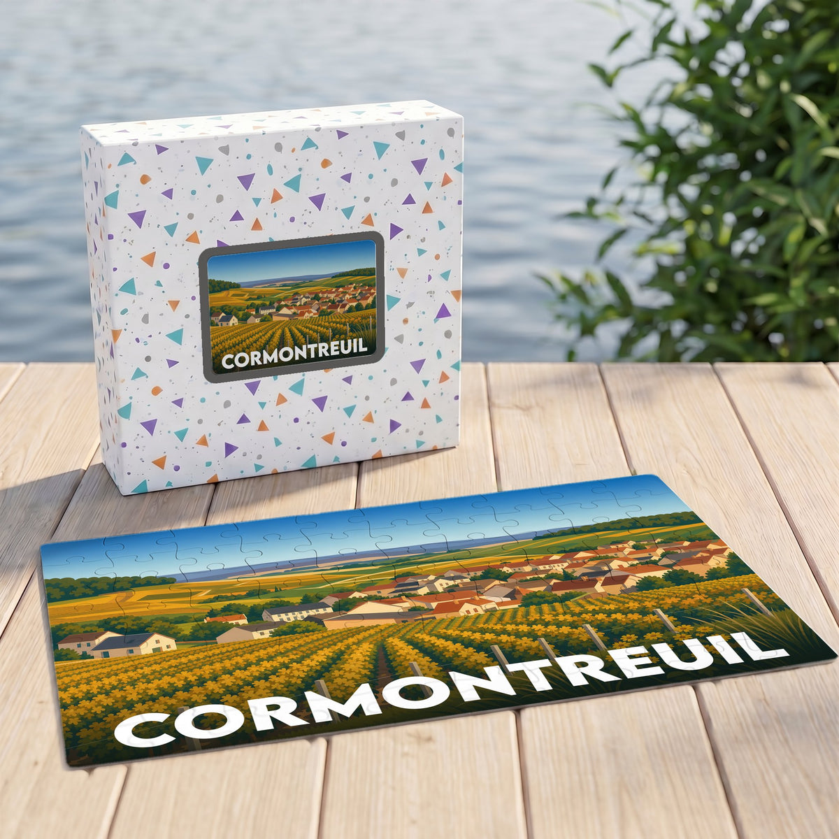 Puzzle souvenir de la ville de Cormontreuil représentant une illustration stylisée de ses paysages et vignobles.