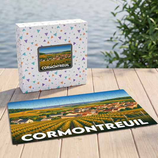 Puzzle souvenir de la ville de Cormontreuil représentant une illustration stylisée de ses paysages et vignobles.