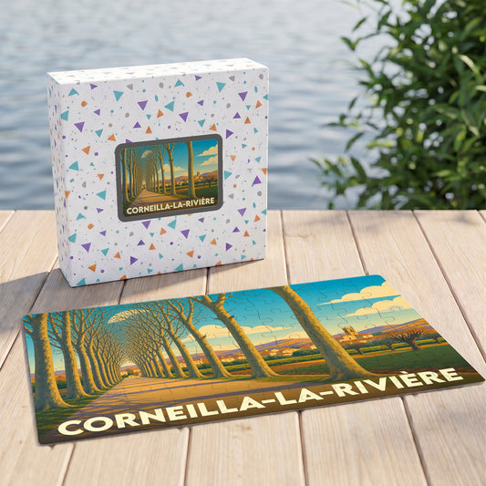 Puzzle souvenir de la ville de Corneilla-la-Rivière avec une illustration stylisée d'une allée d'arbres.