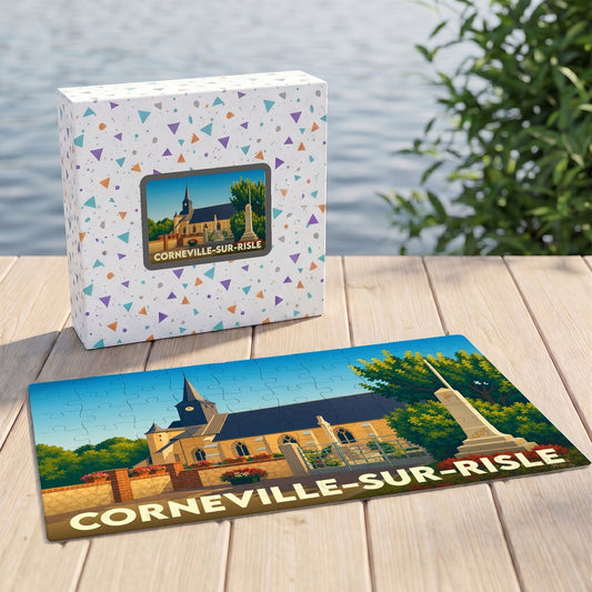 Puzzle souvenir de la ville de Corneville-sur-Risle avec une illustration stylisée de son église et de son monument.