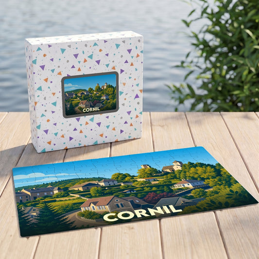 Puzzle souvenir de la ville de Cornil avec une illustration paysagère stylisée.