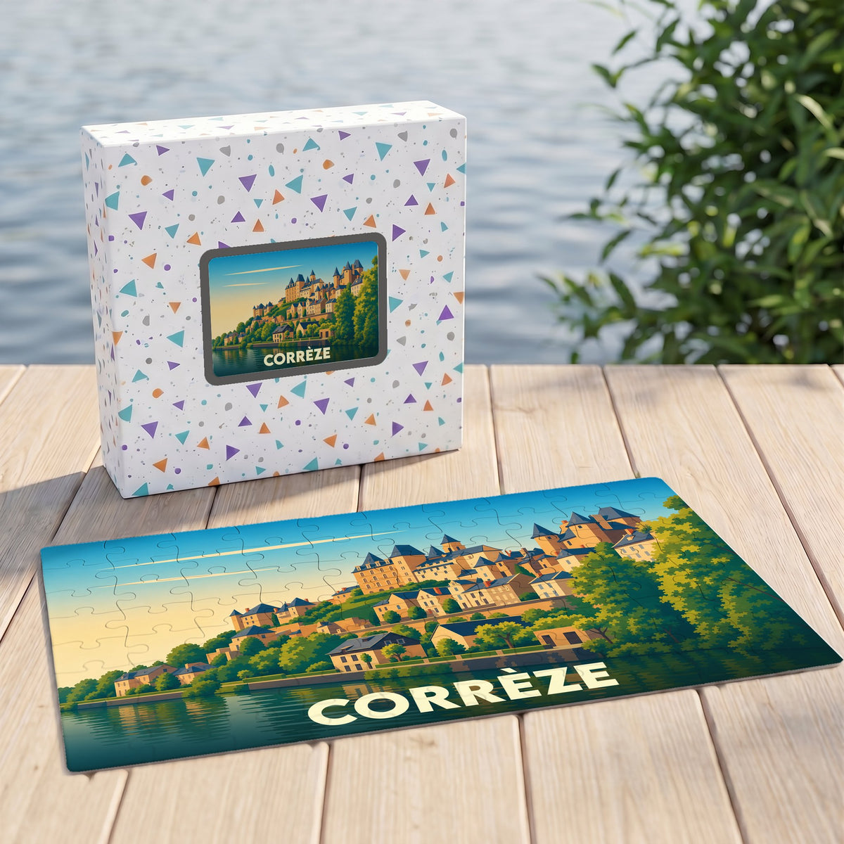 Puzzle souvenir de la ville de Corrèze avec une illustration stylisée d'un village en bord de rivière.