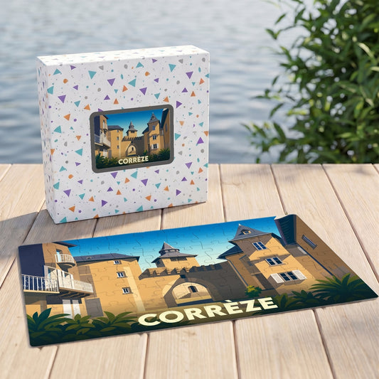 Puzzle souvenir de la ville de Corrèze avec une illustration stylisée d'un paysage urbain historique.
