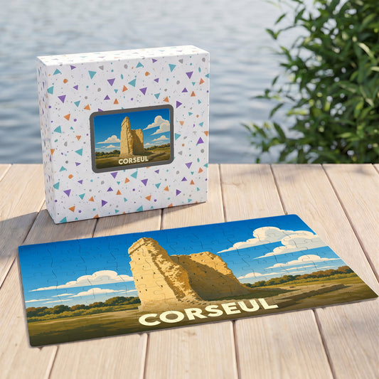 Puzzle souvenir de la ville de Corseul avec une illustration stylisée d'un monument antique.
