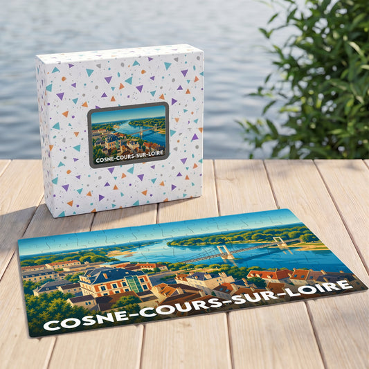 Puzzle souvenir de la ville de Cosne-Cours-sur-Loire avec une illustration stylisée de son pont et des bords de Loire.