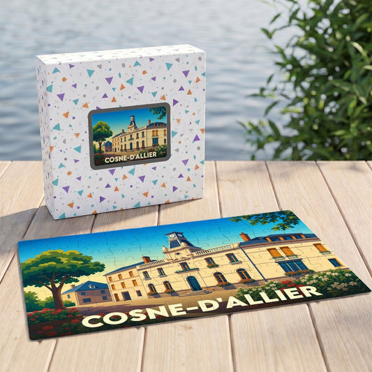 Puzzle souvenir de la ville de Cosne-d'Allier avec une illustration stylisée de l'hôtel de ville.