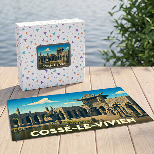 Puzzle souvenir de la ville de Cossé-le-Vivien avec une illustration stylisée de son patrimoine architectural.