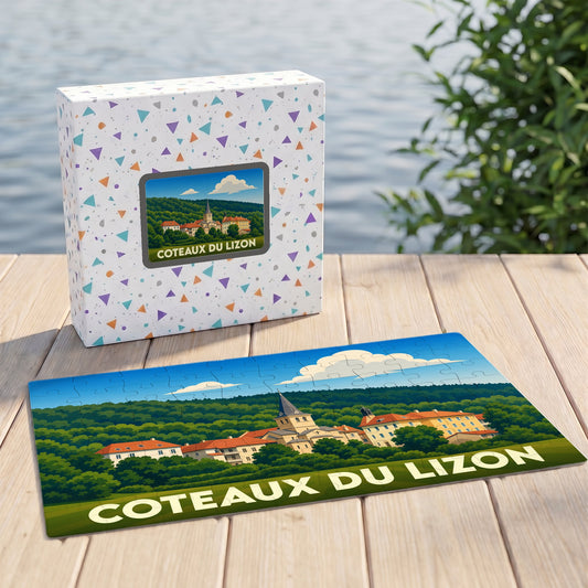 Puzzle souvenir de la ville de Coteaux du Lizon avec une illustration stylisée d'un paysage urbain verdoyant.