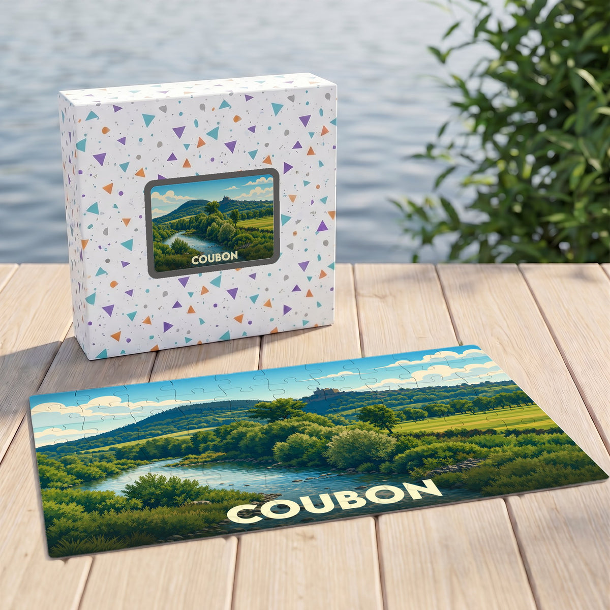 Puzzle souvenir de la ville de Coubon avec une illustration paysagère d'une rivière et de collines verdoyantes.