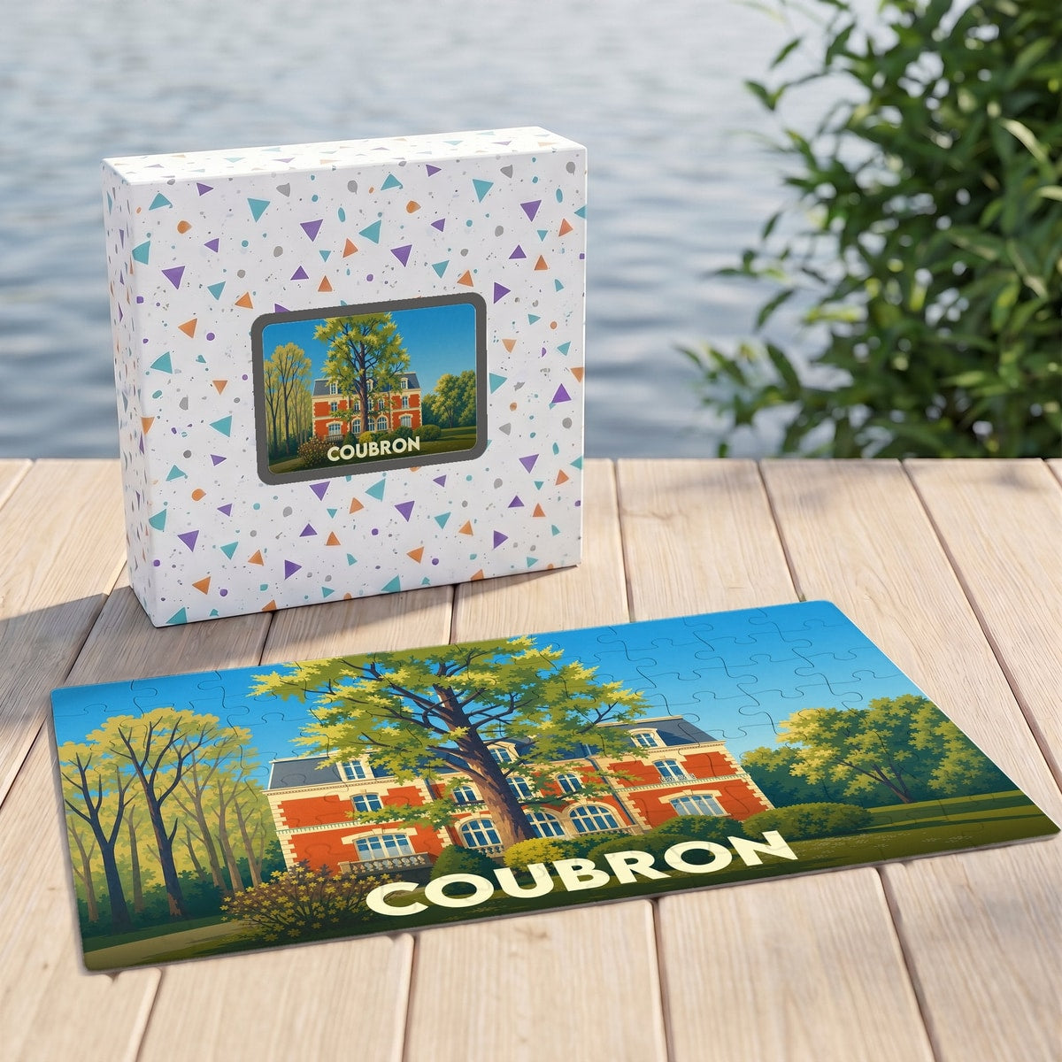 Puzzle souvenir de la ville de Coubron avec une illustration stylisée d'un bâtiment historique.