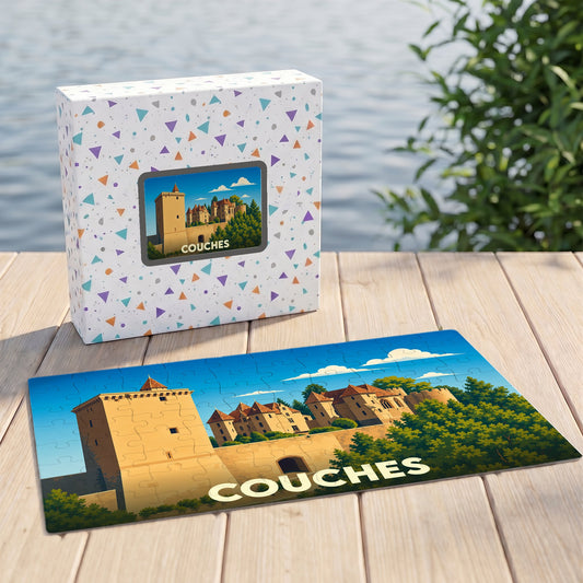Puzzle souvenir de la ville de Couches avec une illustration stylisée d'un château.