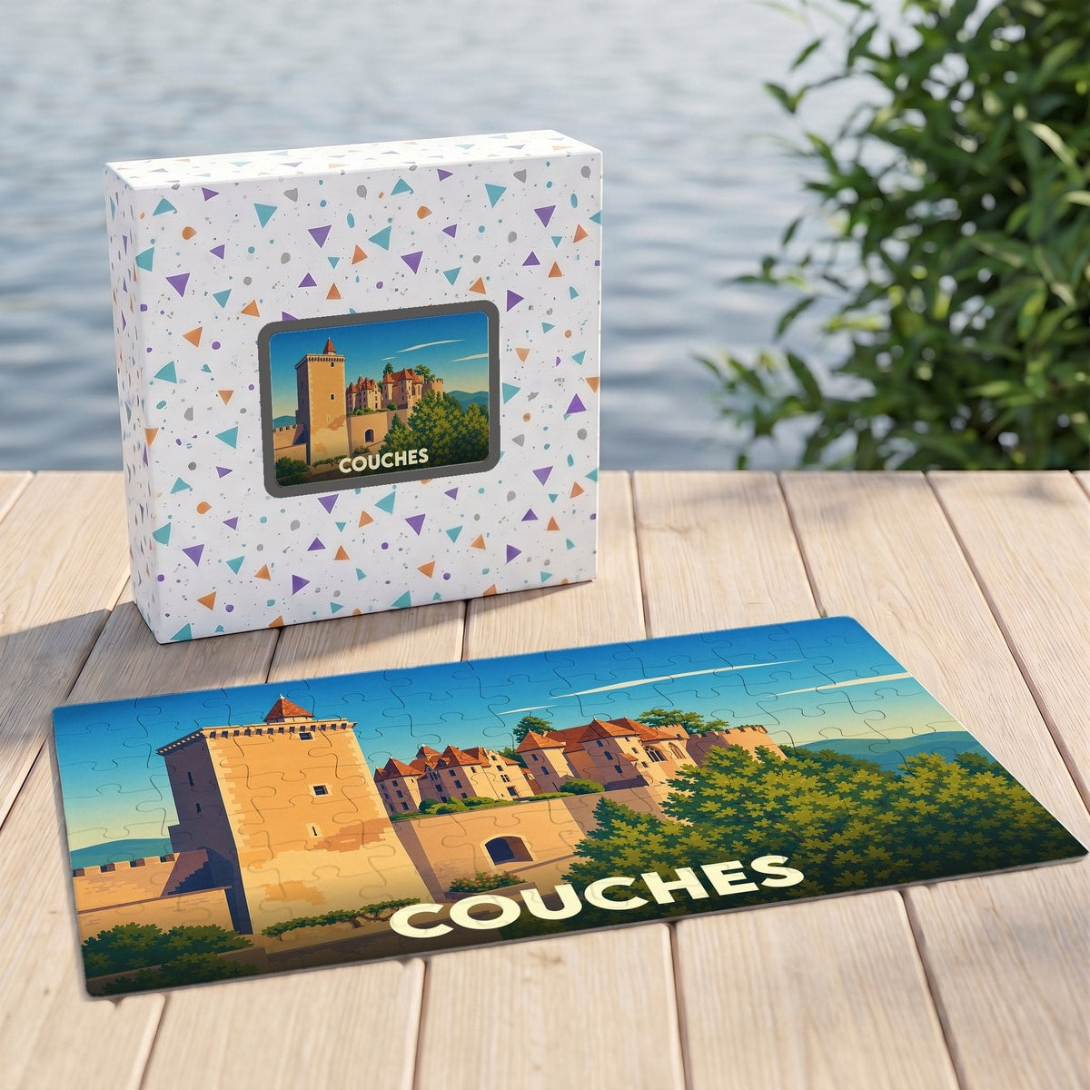 Puzzle souvenir de la ville de Couches avec une illustration stylisée du château local.