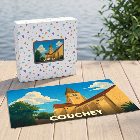 Puzzle souvenir de la ville de Couchey avec une illustration stylisée de son église.