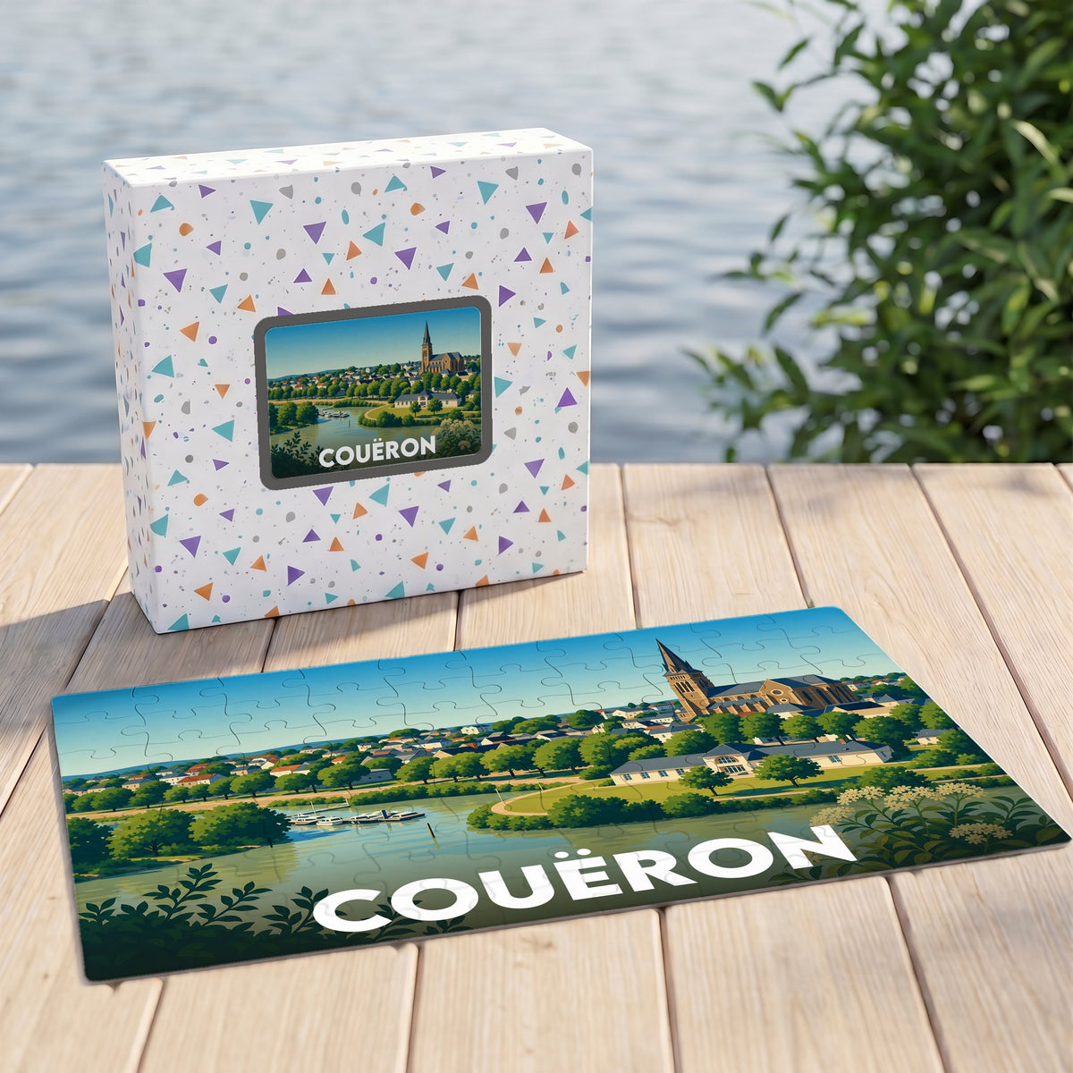 Puzzle souvenir de la ville de Couëron avec une illustration panoramique stylisée.