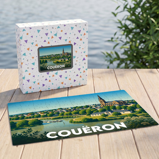 Puzzle souvenir de la ville de Couëron avec une illustration panoramique stylisée.
