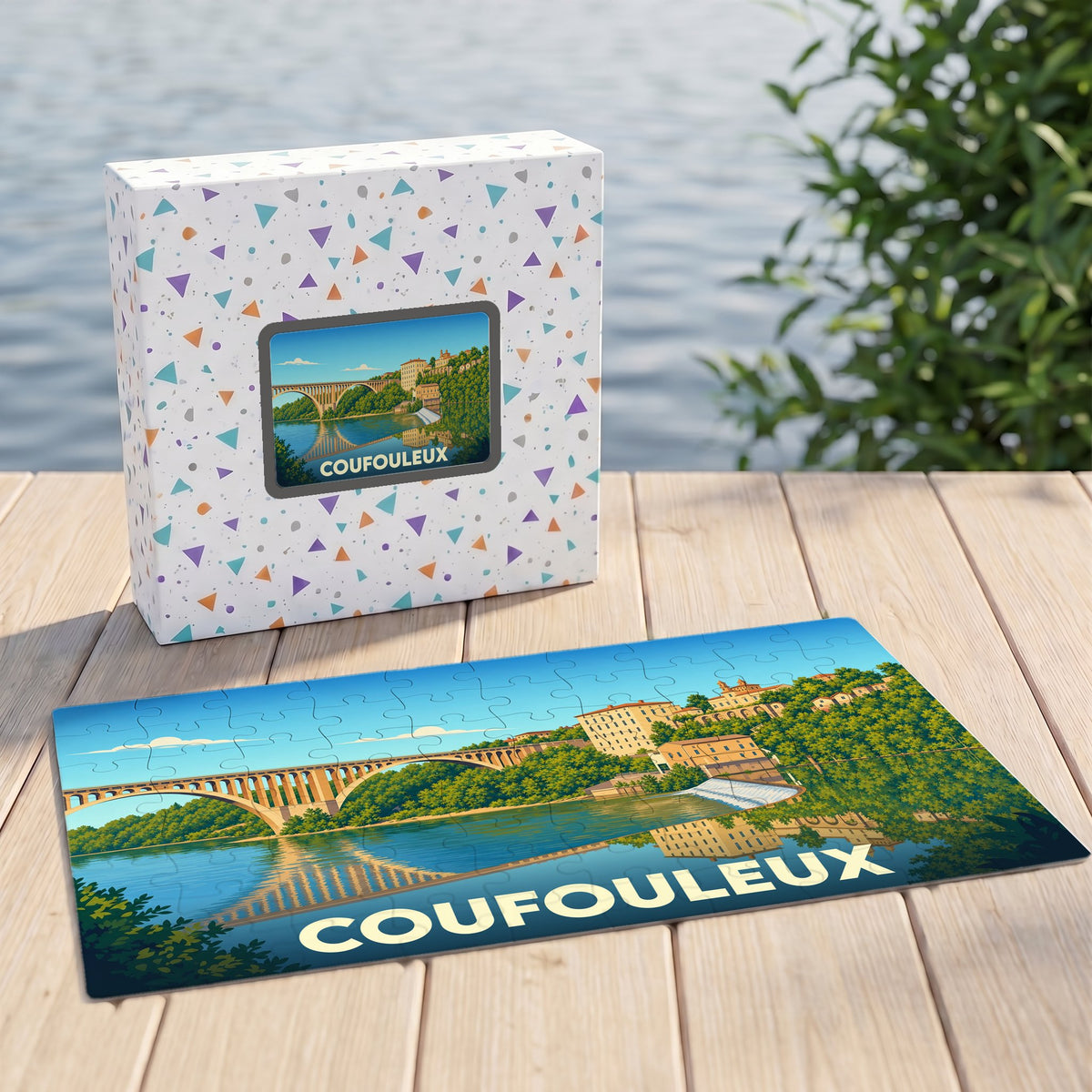 Puzzle souvenir de la ville de Coufouleux avec une illustration stylisée d'un pont et son reflet.