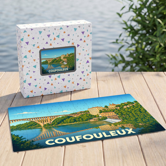 Puzzle souvenir de la ville de Coufouleux avec une illustration stylisée d'un pont et son reflet.