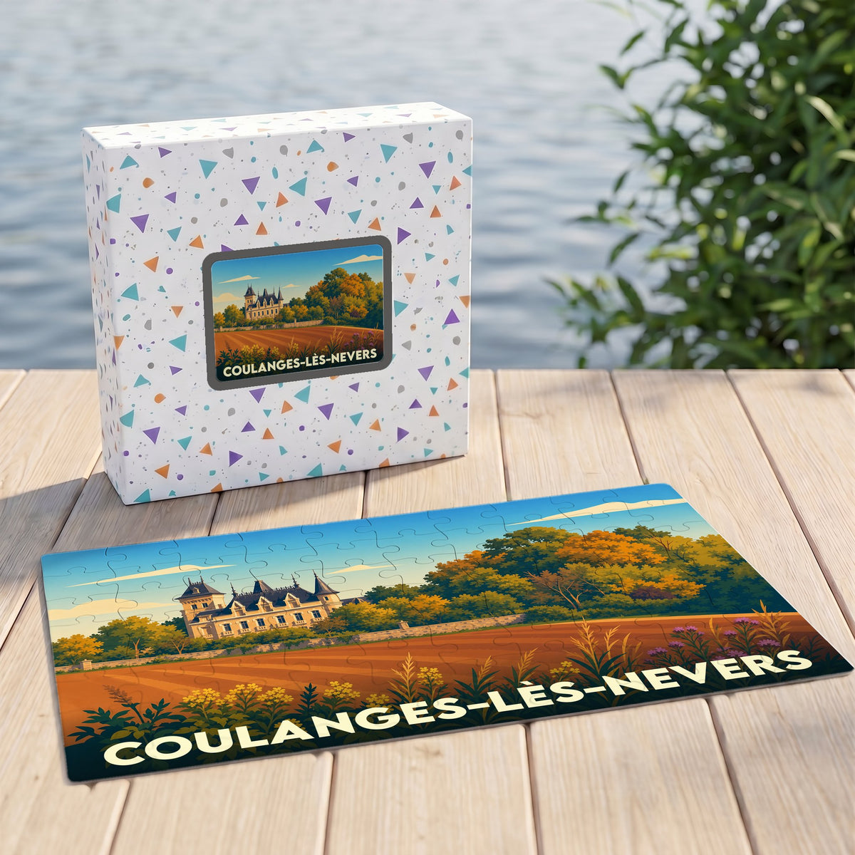 Puzzle souvenir de la ville de Coulanges-lès-Nevers avec une illustration stylisée d'un château et de paysages ruraux.