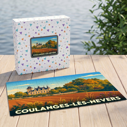 Puzzle souvenir de la ville de Coulanges-lès-Nevers avec une illustration stylisée d'un château et de paysages ruraux.