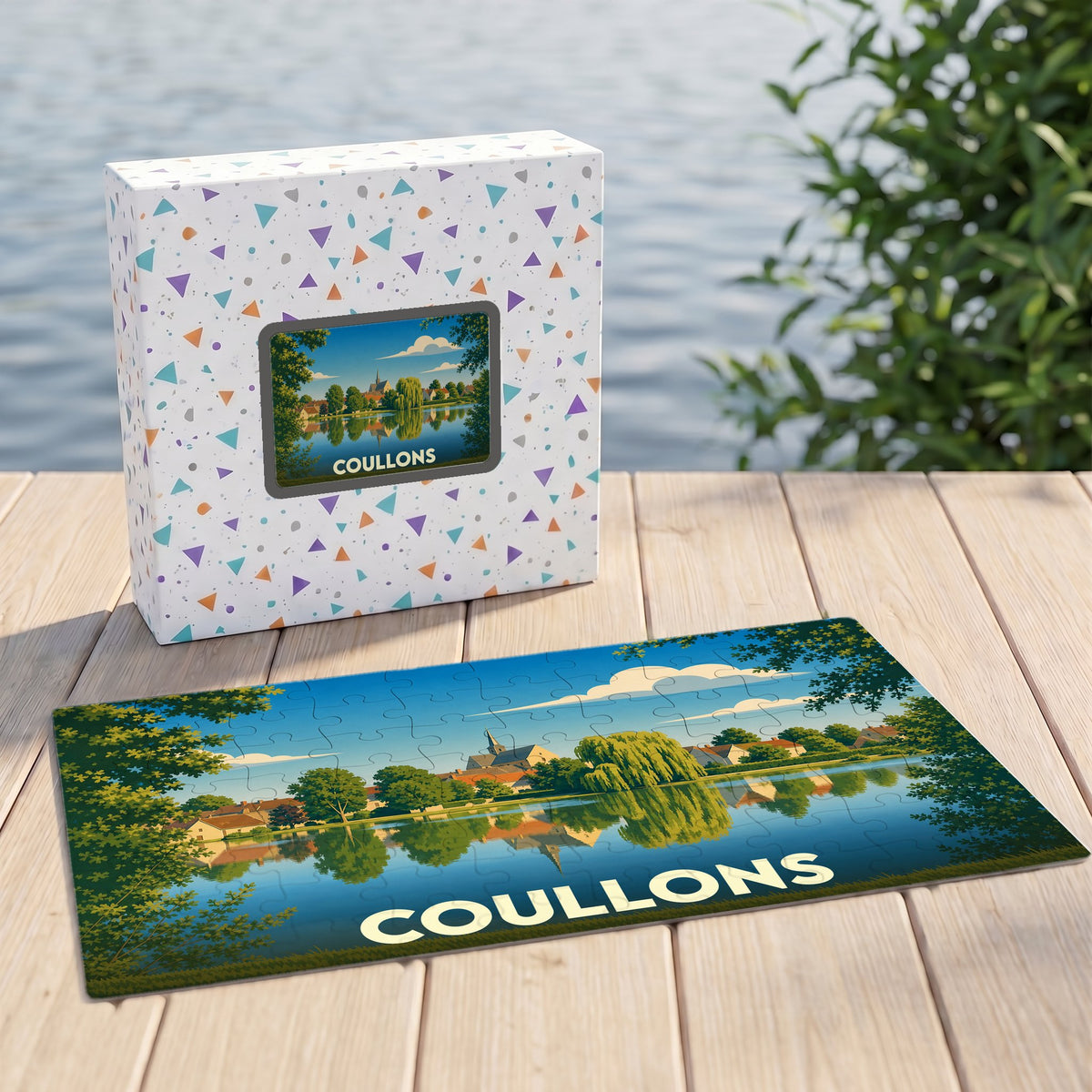 Puzzle souvenir de la ville de Coullons illustrant un paysage lacustre paisible et ensoleillé.